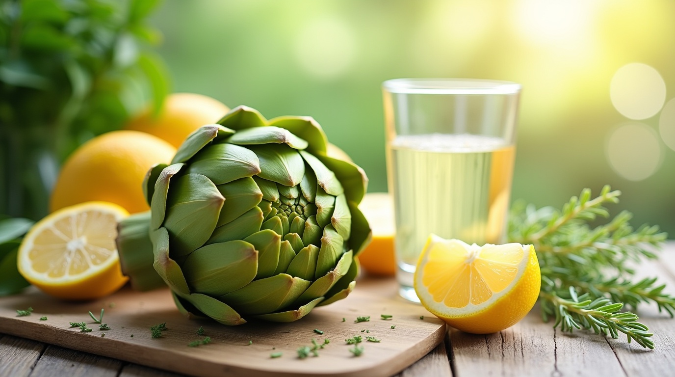 Artichaut frais et ingrédients détox sur une table ensoleillée